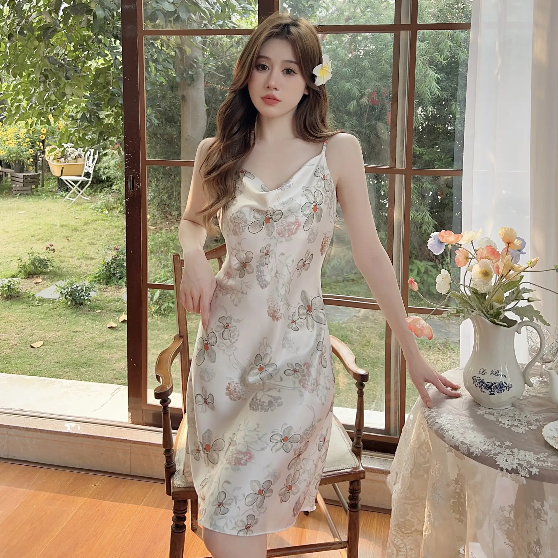 Women's Floral Nightgown with Strap Collar - Image 8