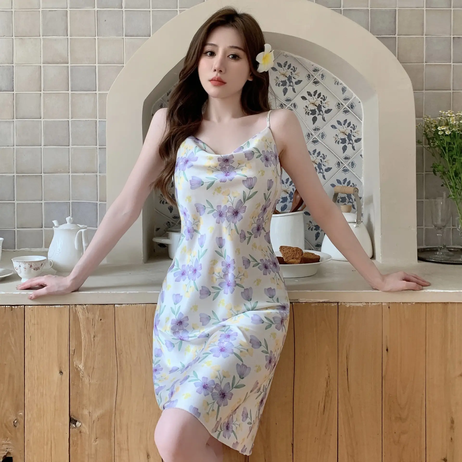 Women's Floral Nightgown with Strap Collar - Image 9