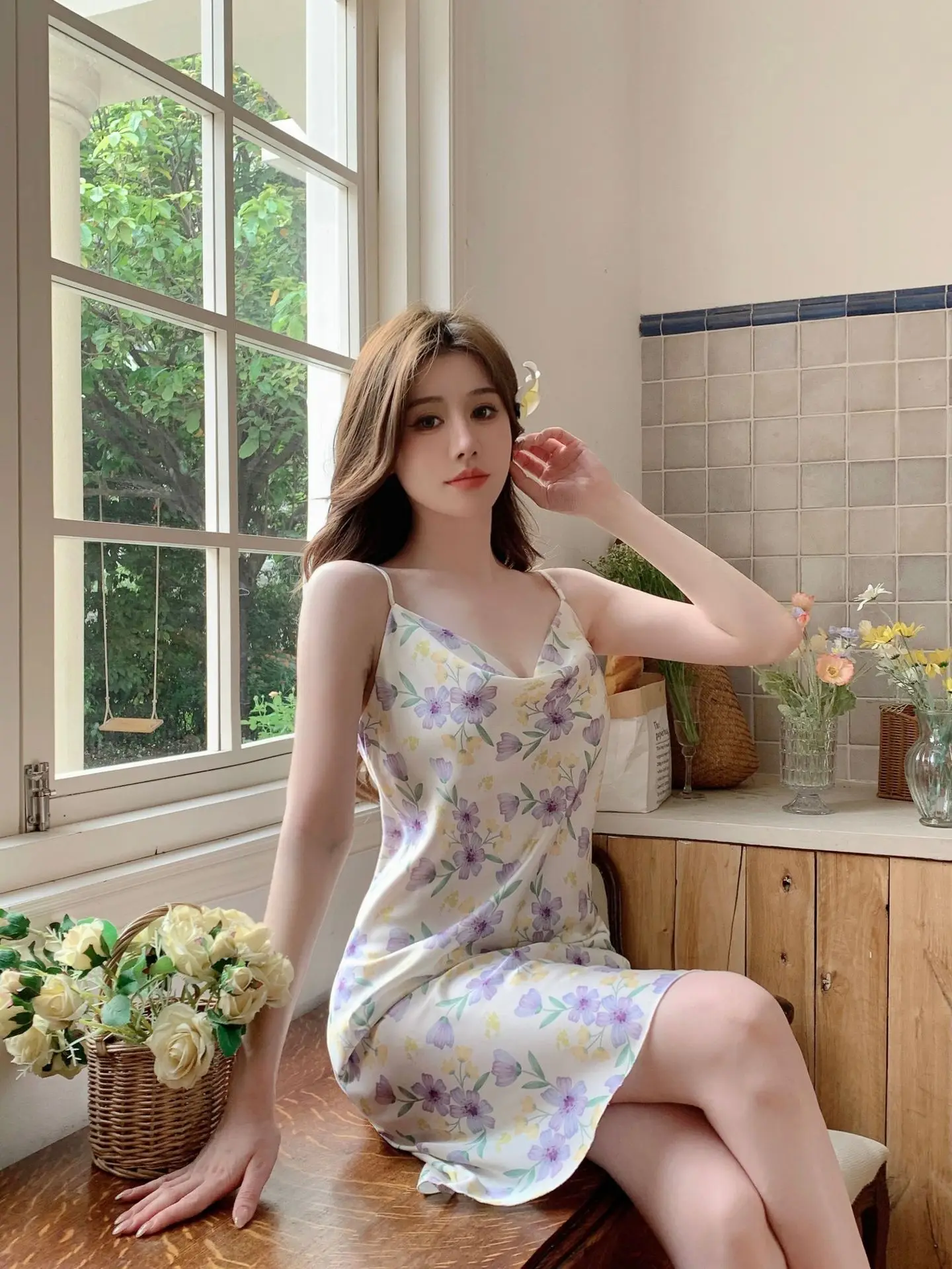 Women's Floral Nightgown with Strap Collar — feature 21