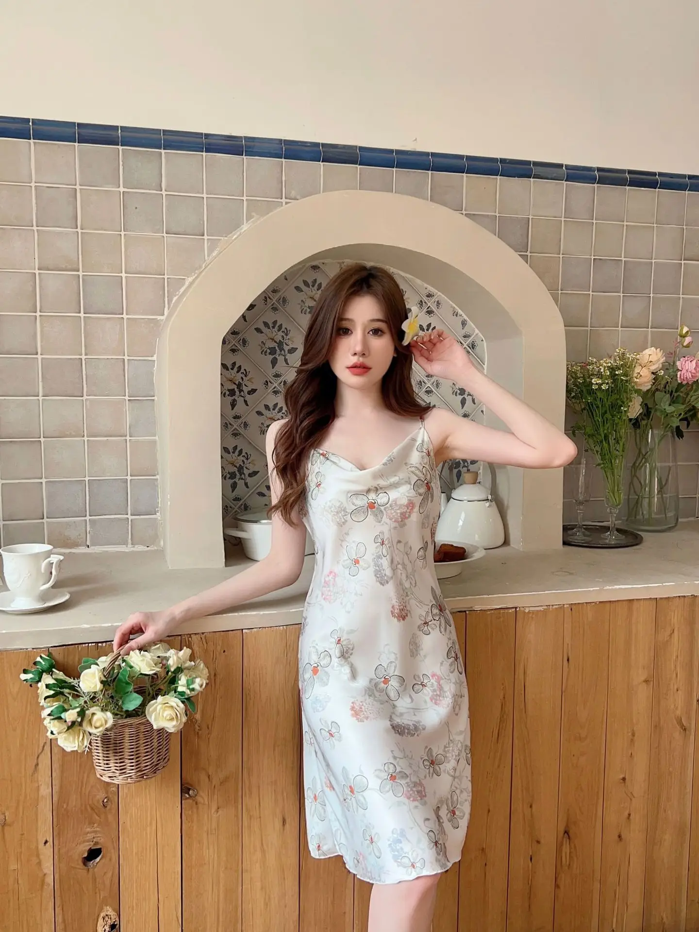 Women's Floral Nightgown with Strap Collar — feature 8