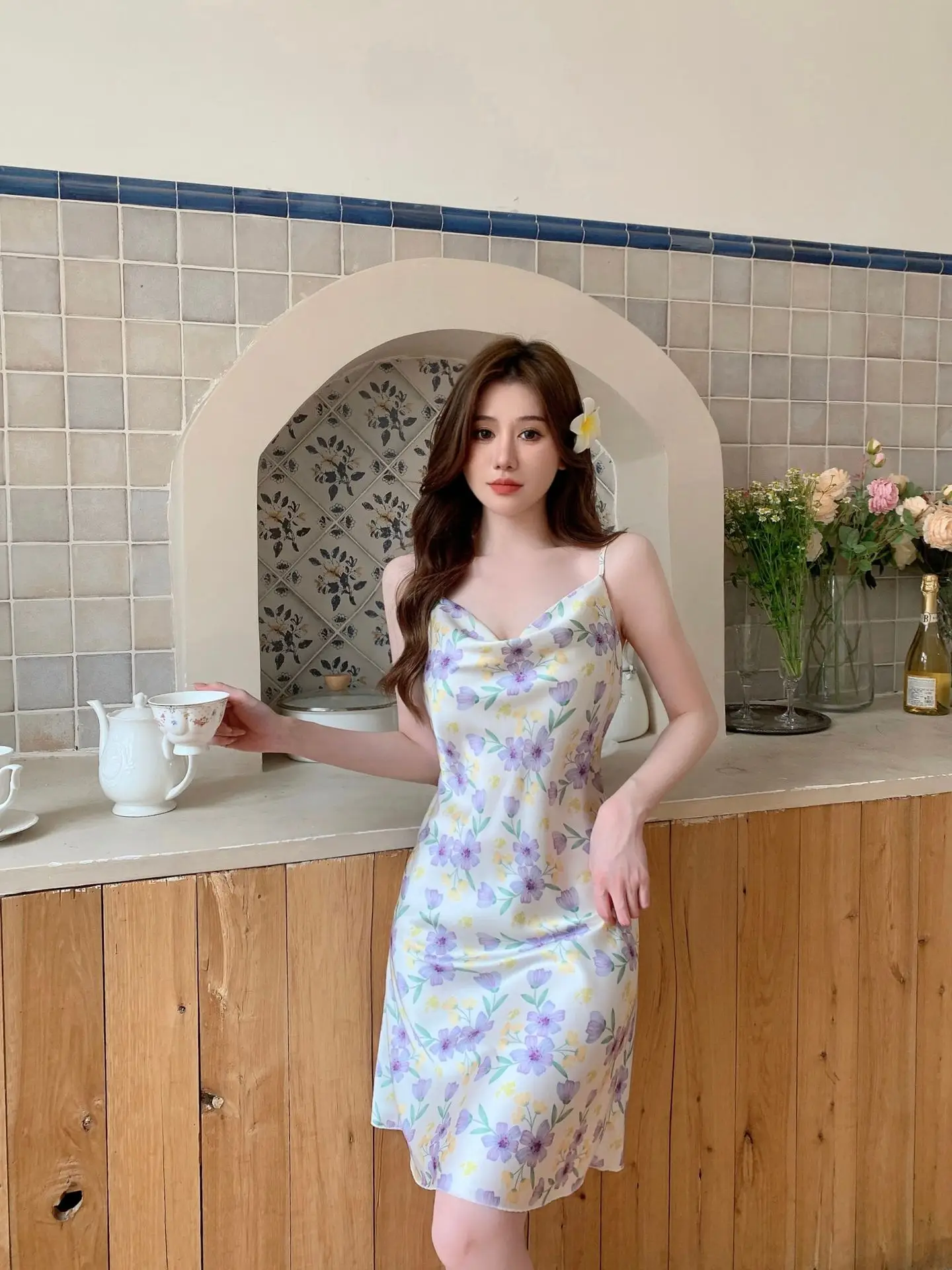 Women's Floral Nightgown with Strap Collar - Image 3
