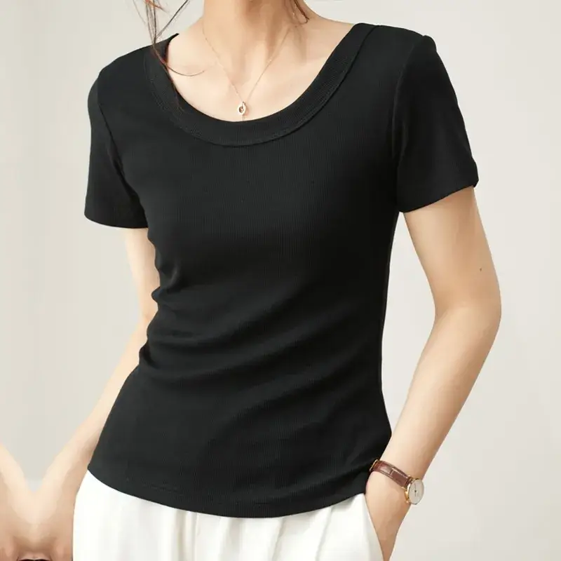 Women Cotton U-Neck T-Shirt Olive Green Short Sleeve 2025 - Image 12