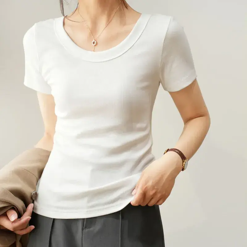 Women Cotton U-Neck T-Shirt Olive Green Short Sleeve 2025 - Image 13