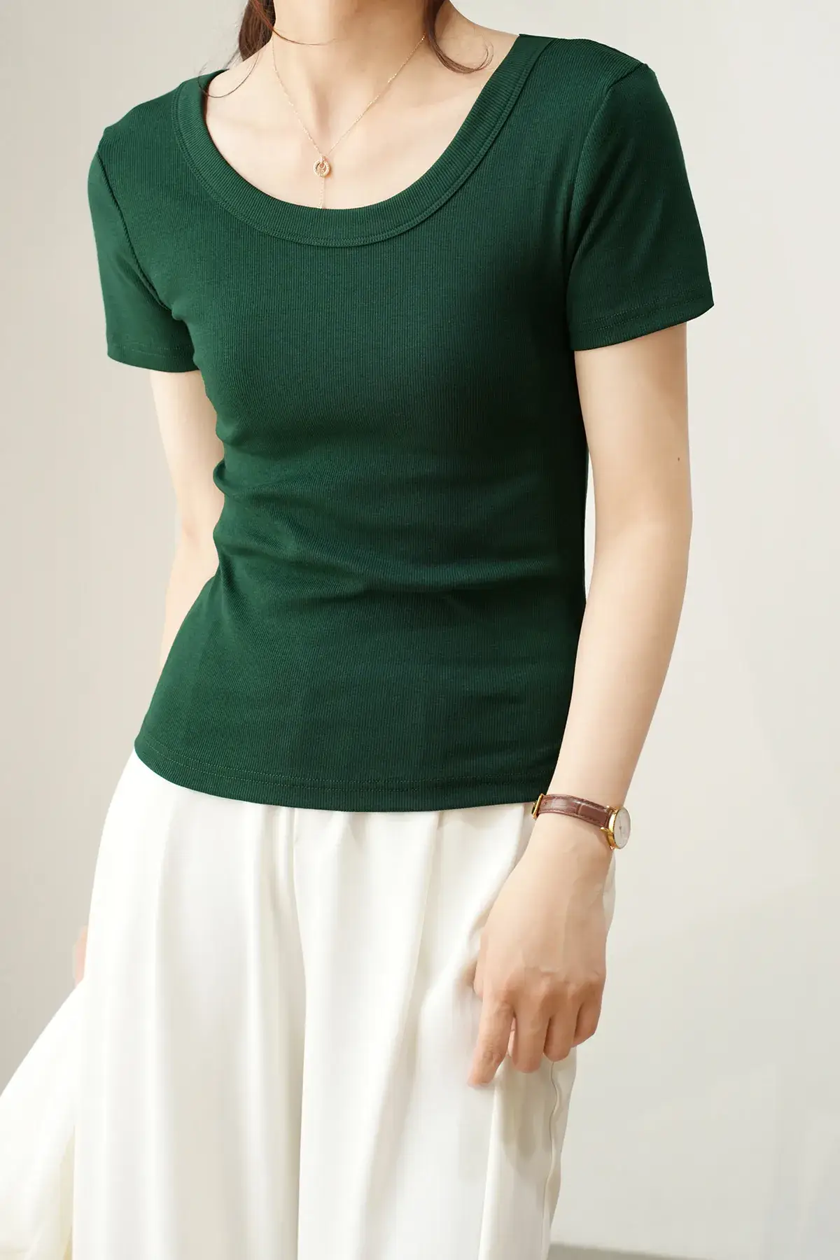 Women Cotton U-Neck T-Shirt Olive Green Short Sleeve 2025 — feature 12