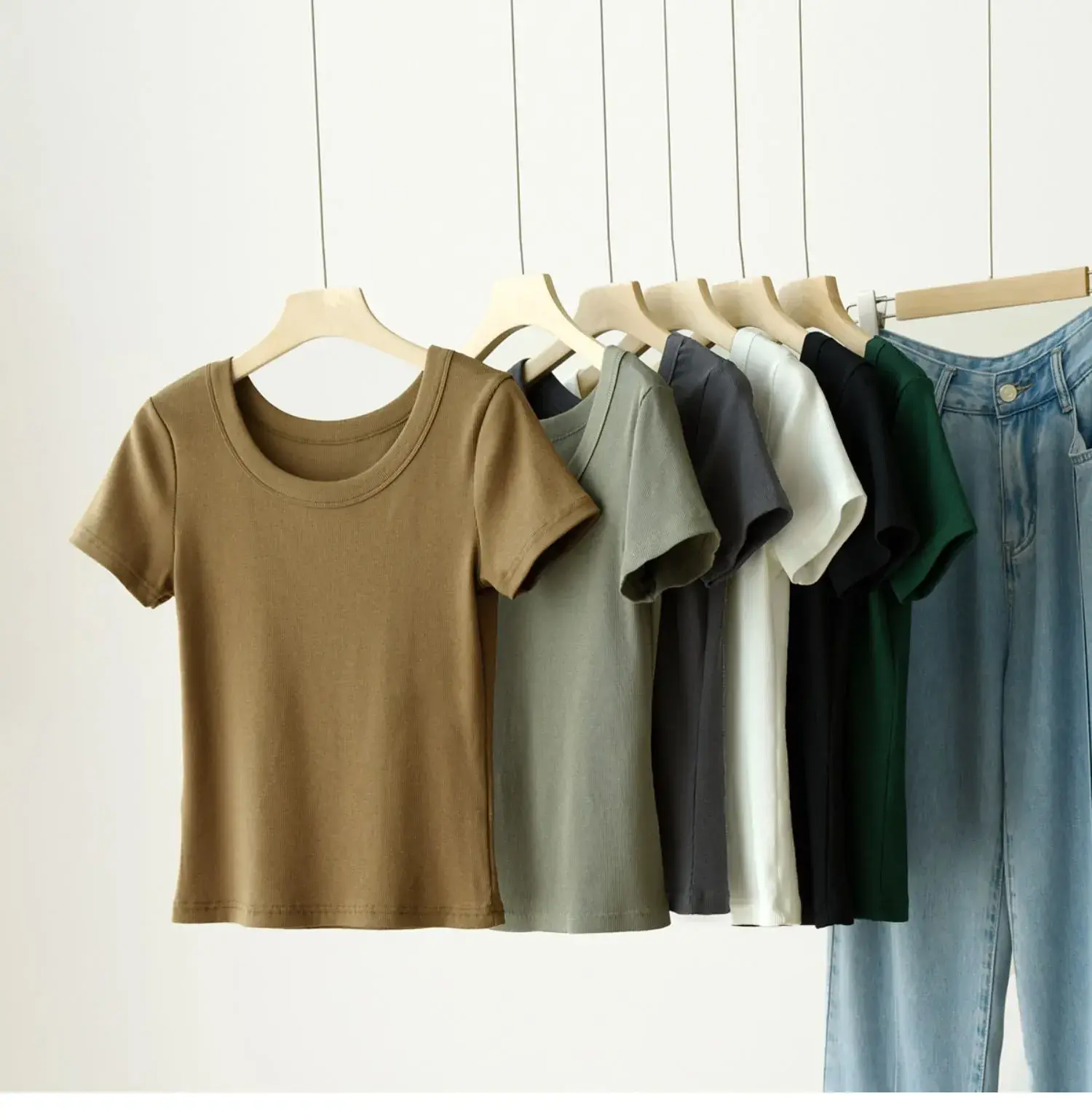 Women Cotton U-Neck T-Shirt Olive Green Short Sleeve 2025 — feature 14