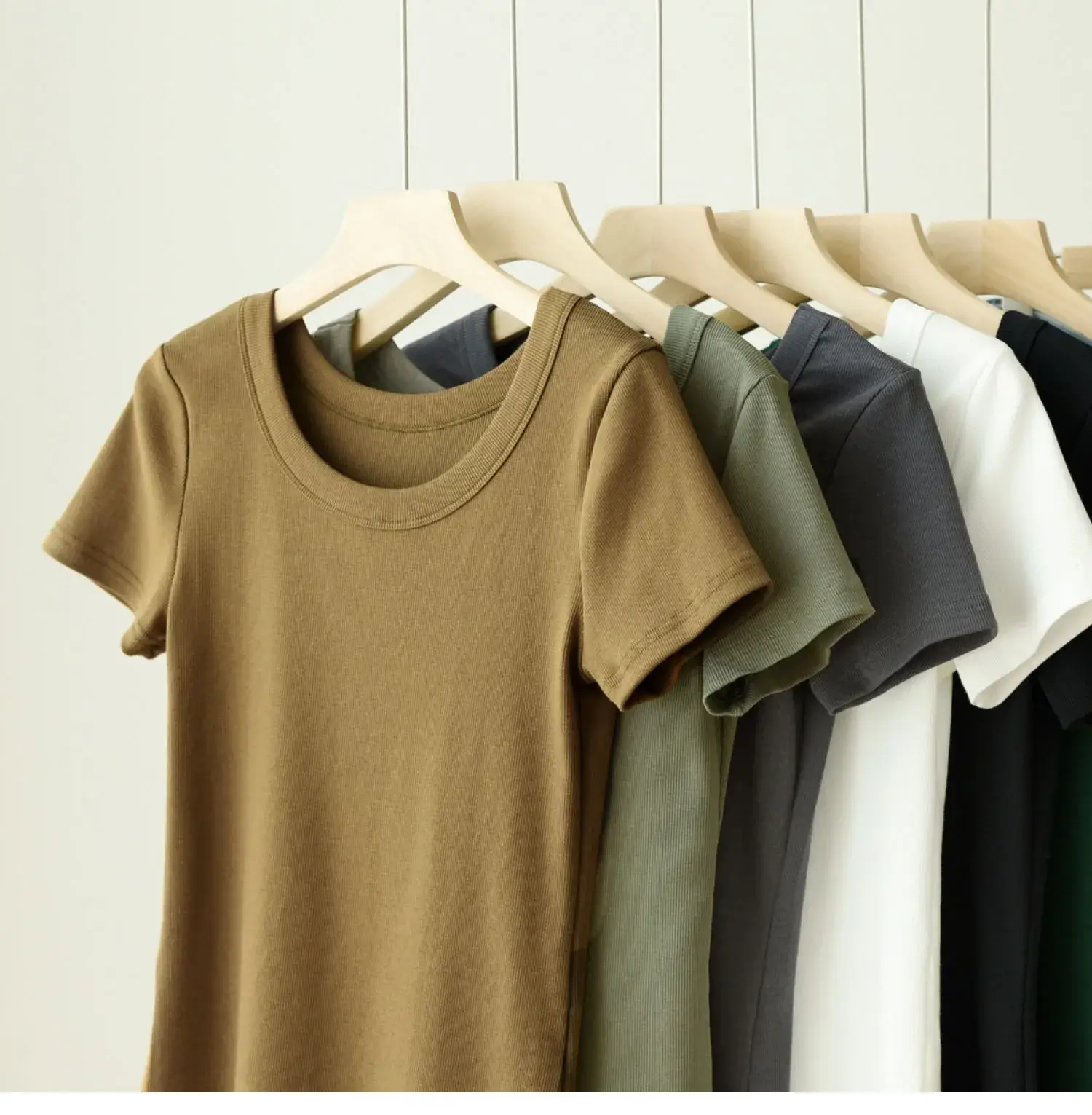 Women Cotton U-Neck T-Shirt Olive Green Short Sleeve 2025 — feature 15