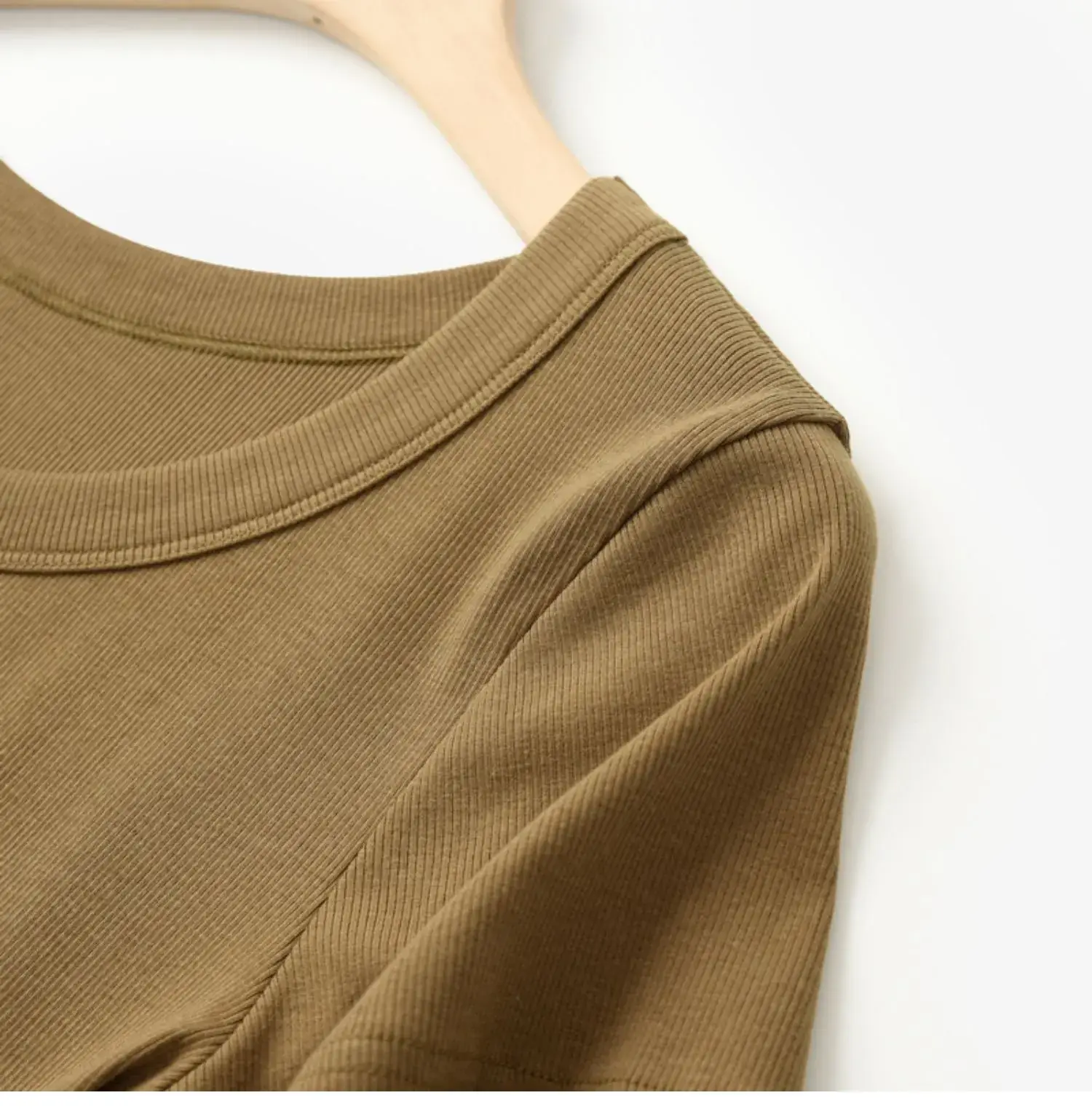 Women Cotton U-Neck T-Shirt Olive Green Short Sleeve 2025 — feature 20