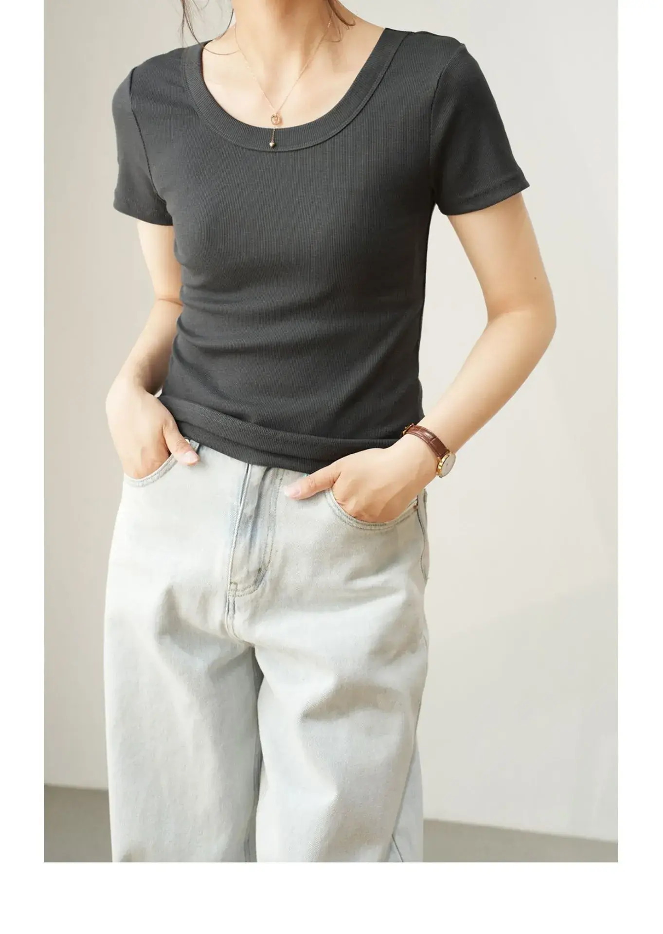 Women Cotton U-Neck T-Shirt Olive Green Short Sleeve 2025 — feature 3