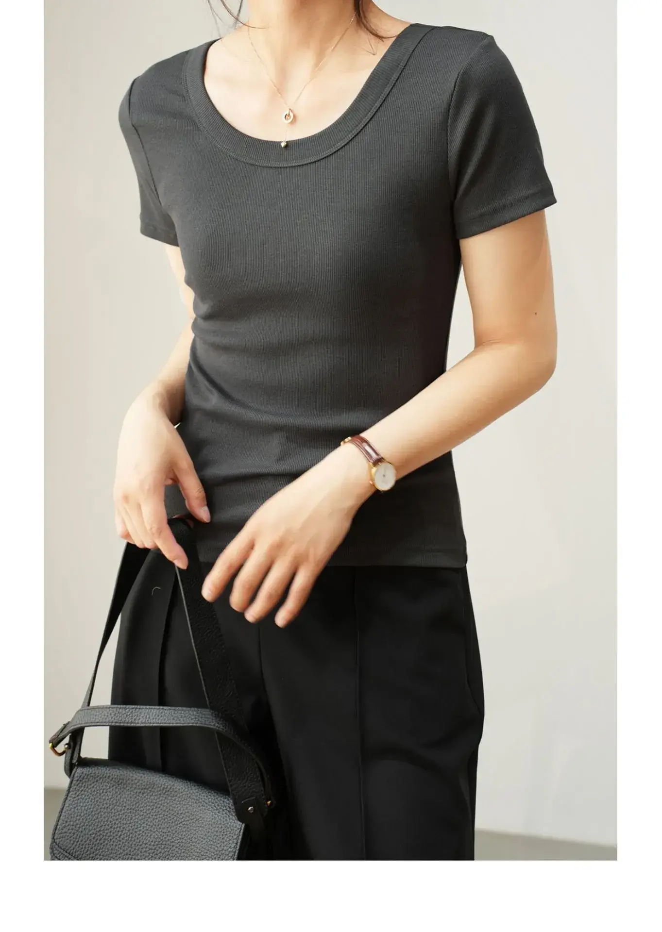 Women Cotton U-Neck T-Shirt Olive Green Short Sleeve 2025 — feature 4
