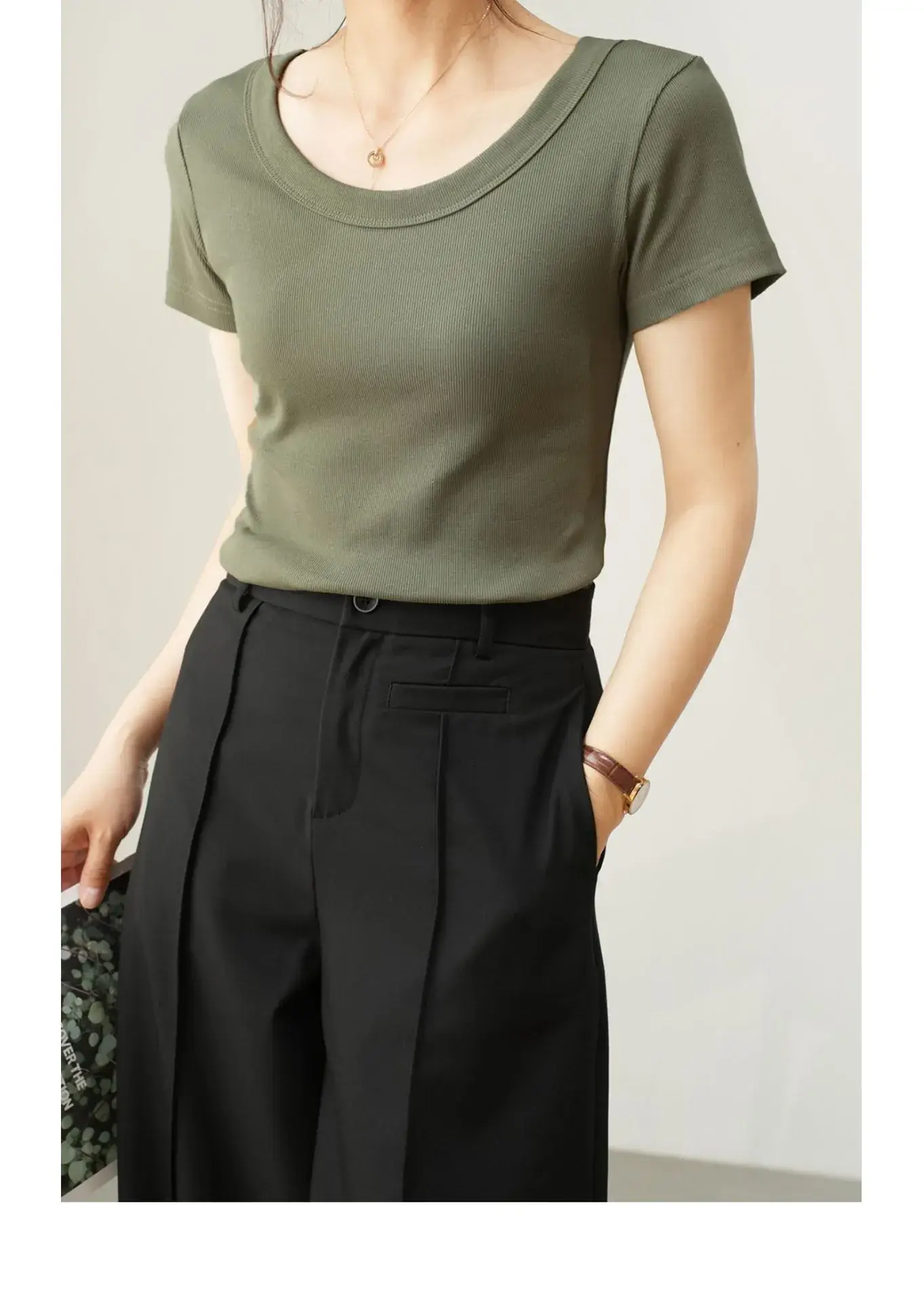 Women Cotton U-Neck T-Shirt Olive Green Short Sleeve 2025 — feature 5