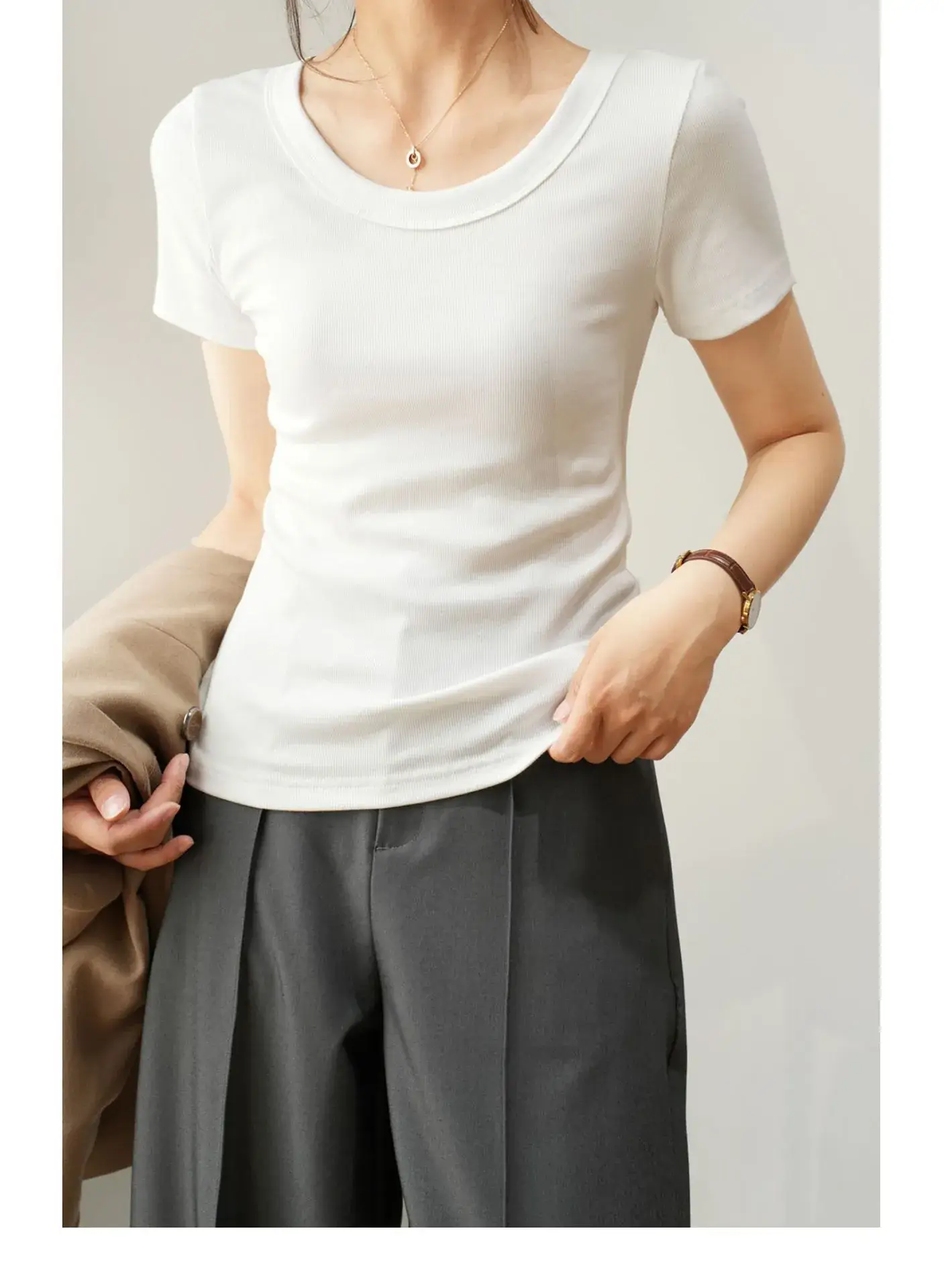 Women Cotton U-Neck T-Shirt Olive Green Short Sleeve 2025 — feature 6