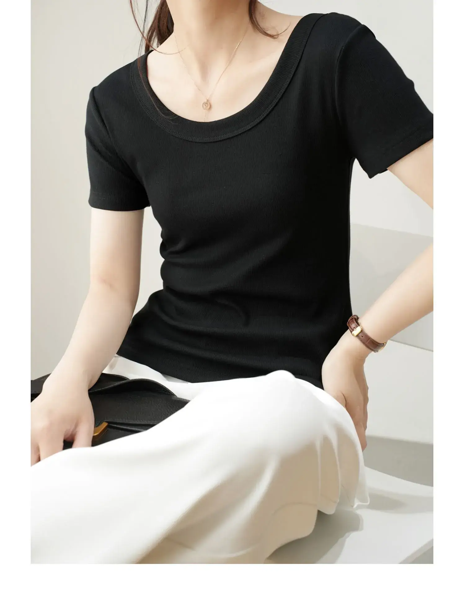 Women Cotton U-Neck T-Shirt Olive Green Short Sleeve 2025 — feature 7