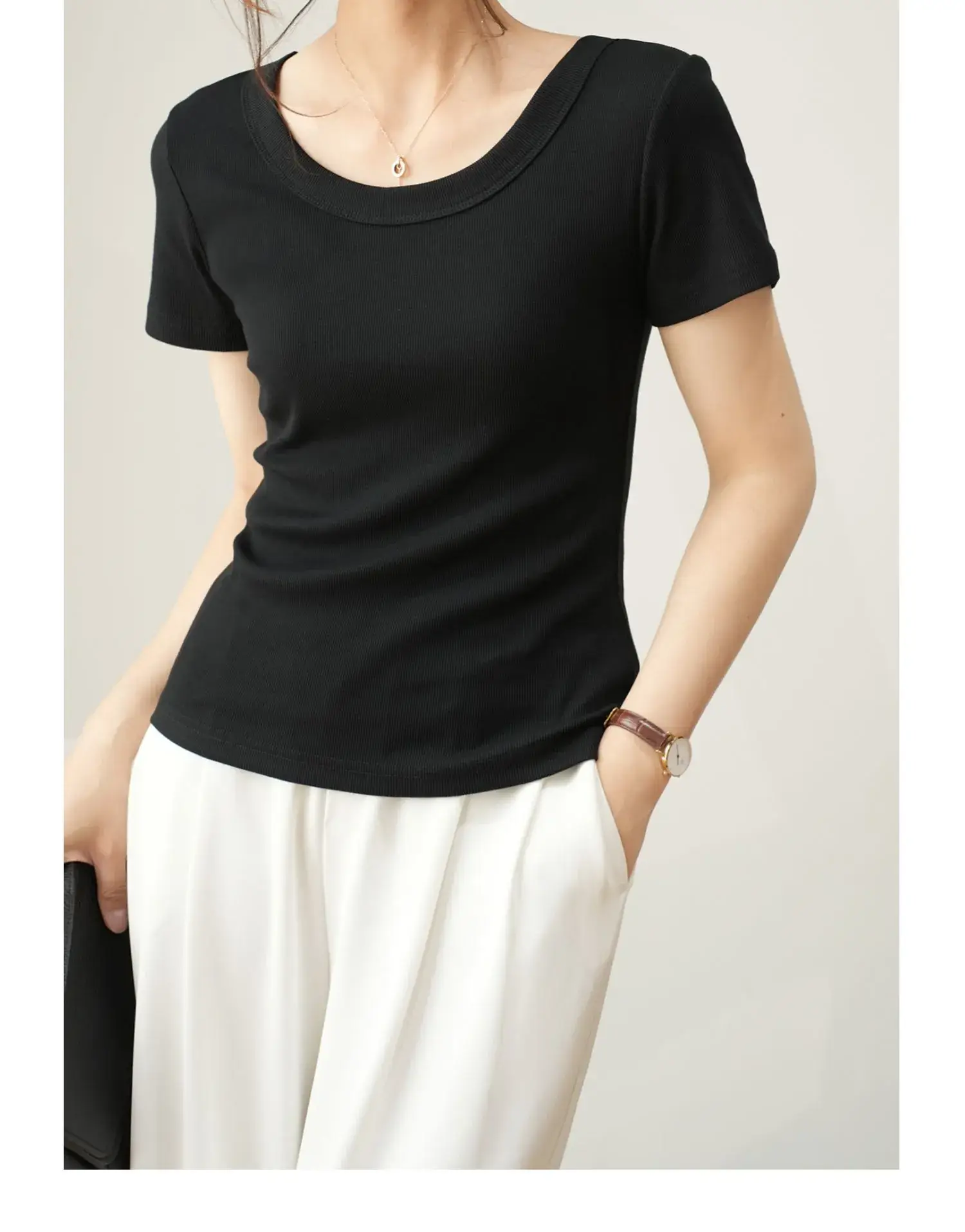 Women Cotton U-Neck T-Shirt Olive Green Short Sleeve 2025 — feature 8