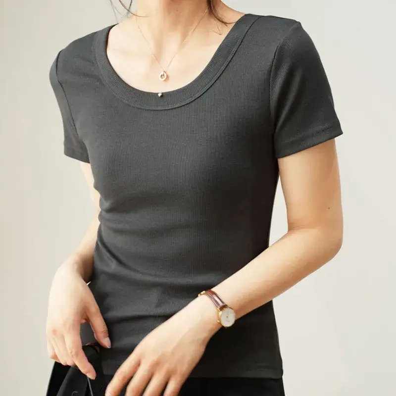 Women Cotton U-Neck T-Shirt Olive Green Short Sleeve 2025 - Image 5