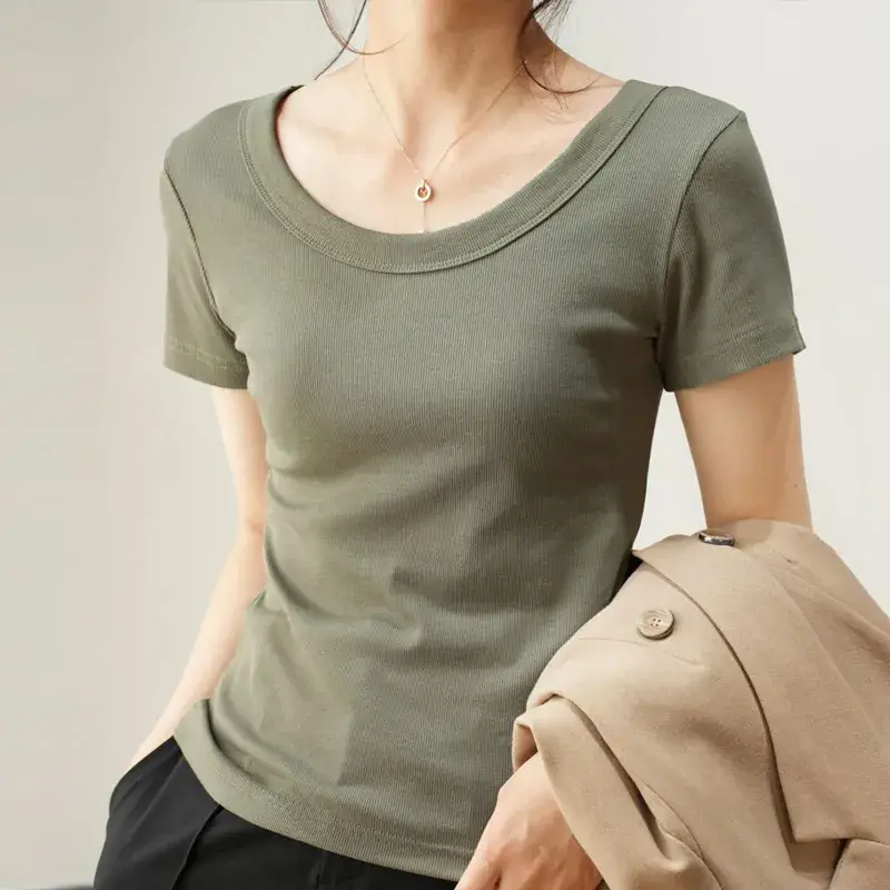 Women Cotton U-Neck T-Shirt Olive Green Short Sleeve 2025 - Image 6