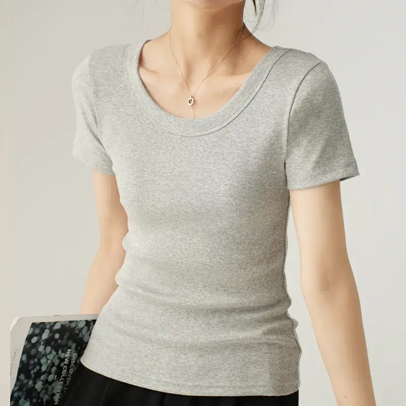 Women Cotton U-Neck T-Shirt Olive Green Short Sleeve 2025 - Image 8