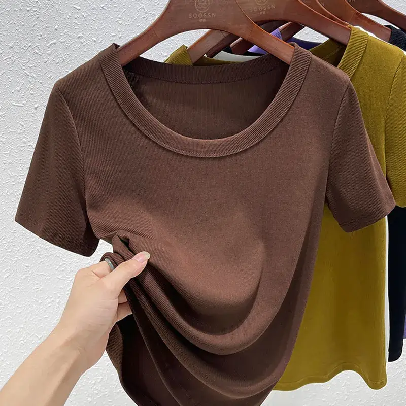 Women Cotton U-Neck T-Shirt Olive Green Short Sleeve 2025 - Image 9
