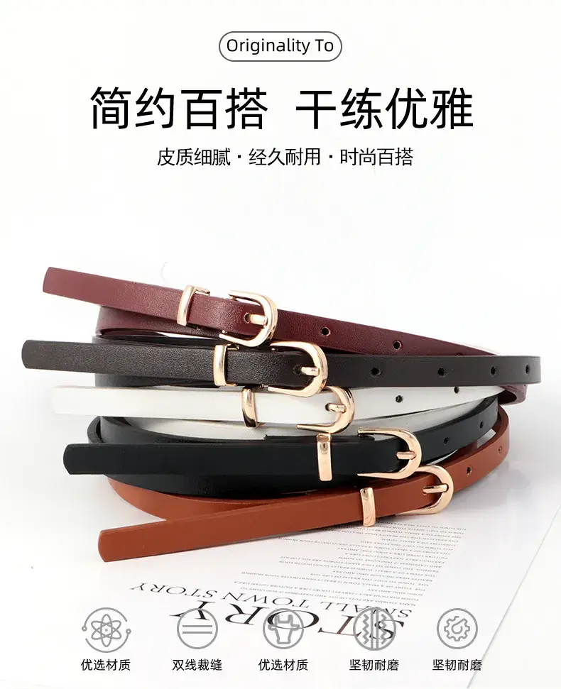 Women's Black Leather Belt with Gold Buckle Retro Style — feature 2