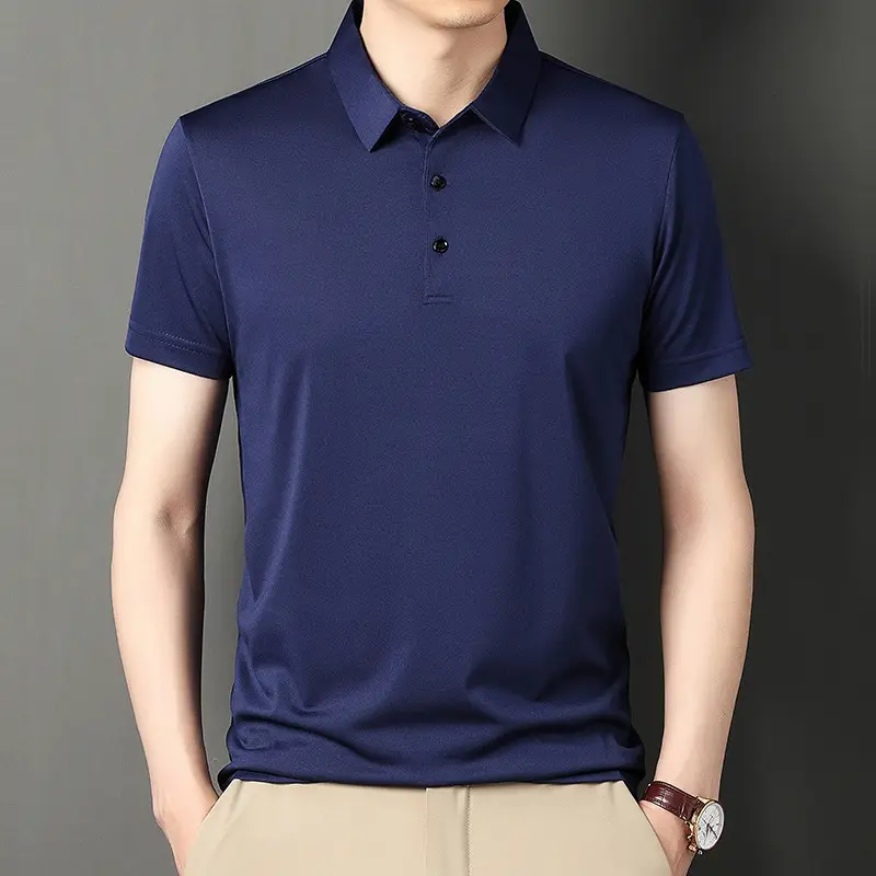Men Navy Polo T-Shirt Short Sleeve Ice Silk