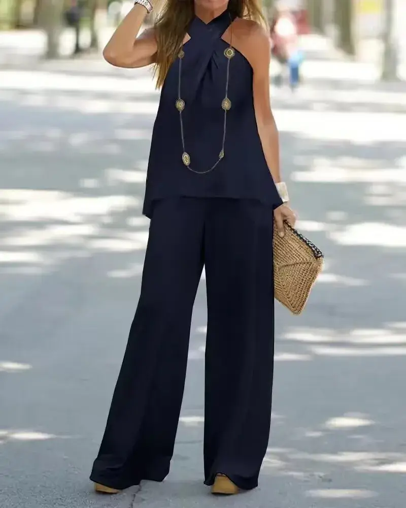 2025 New Halter Neck Wide Leg Pants Suit Set - Image 3