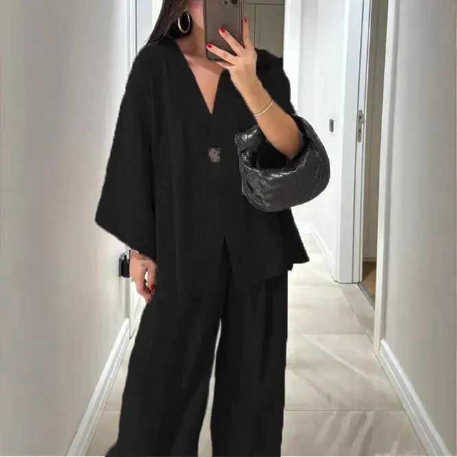 2025 Loose V Neck Top & Wide Leg Pants Casual Suit - Image 10