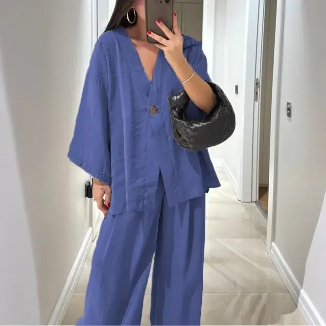 2025 Loose V Neck Top & Wide Leg Pants Casual Suit - Image 11