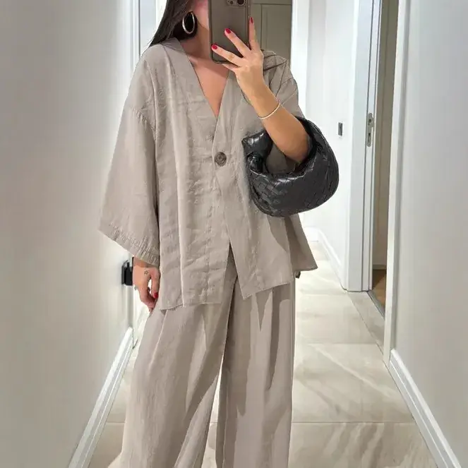 2025 Loose V Neck Top & Wide Leg Pants Casual Suit - Image 12