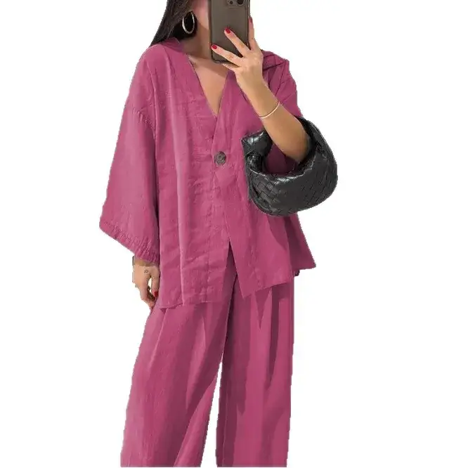 2025 Loose V Neck Top & Wide Leg Pants Casual Suit - Image 13