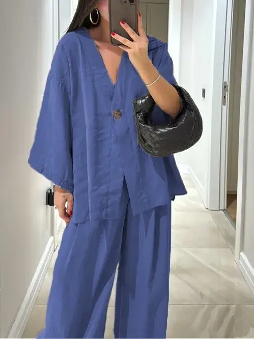 2025 Loose V Neck Top & Wide Leg Pants Casual Suit - Image 4