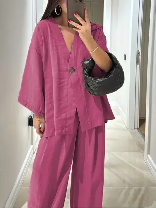 2025 Loose V Neck Top & Wide Leg Pants Casual Suit - Image 5