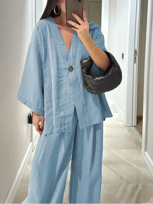 2025 Loose V Neck Top & Wide Leg Pants Casual Suit - Image 6