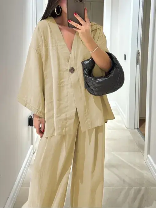 2025 Loose V Neck Top & Wide Leg Pants Casual Suit - Image 7