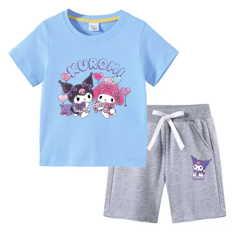 2023 Kids Blue Kurta & Black Shorts Set with Curly Cat Print - Image 6