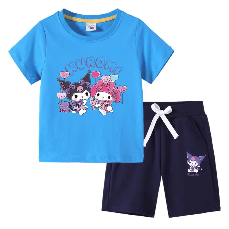 2023 Kids Blue Kurta & Black Shorts Set with Curly Cat Print - Image 17