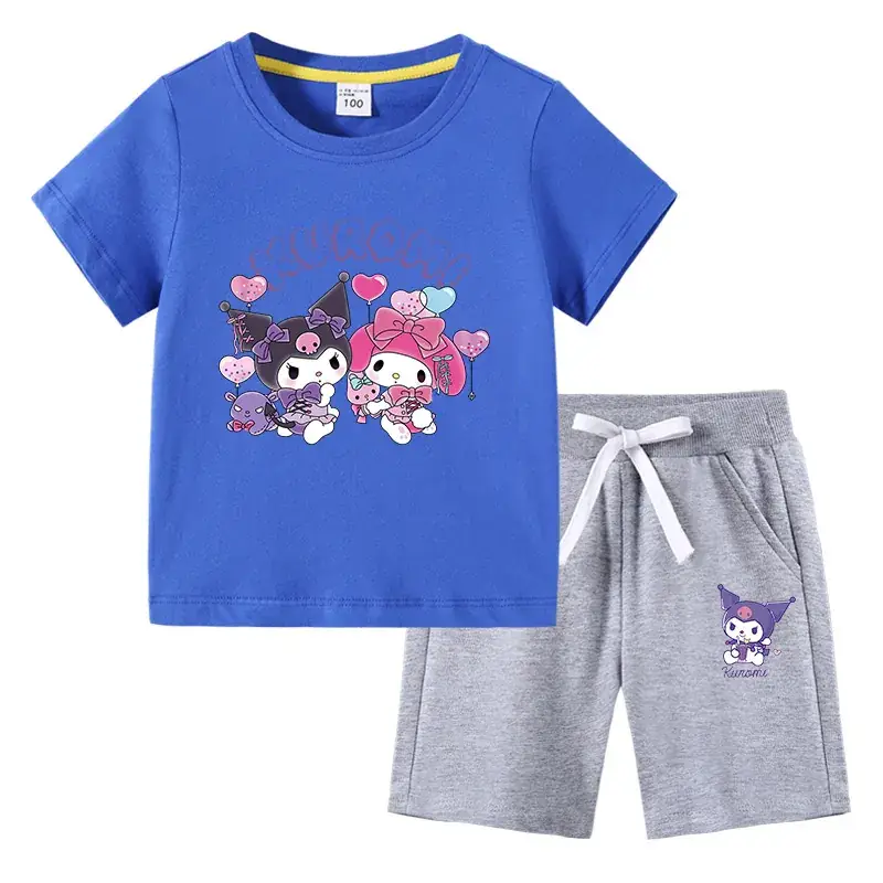 2023 Kids Blue Kurta & Black Shorts Set with Curly Cat Print - Image 2