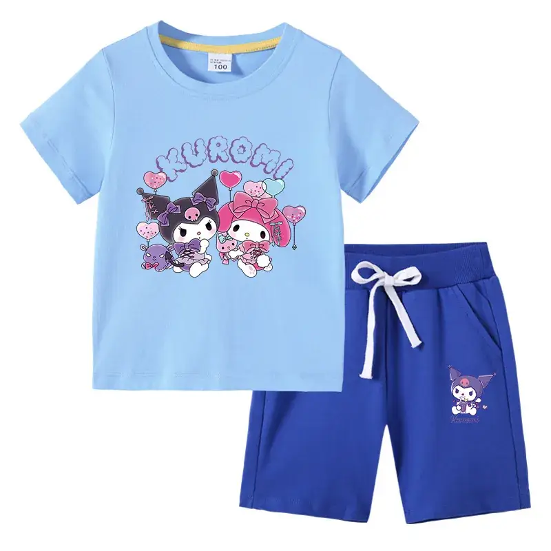 2023 Kids Blue Kurta & Black Shorts Set with Curly Cat Print - Image 7