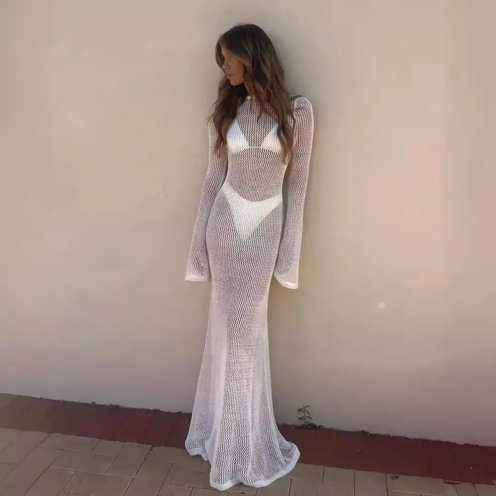New Knitted Long-sleeve Backless Dress for Women