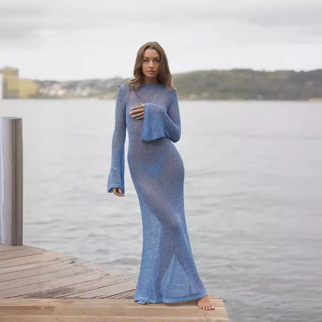 New Knitted Long-sleeve Backless Dress for Women