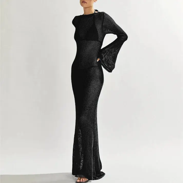 New Knitted Long-sleeve Backless Dress for Women