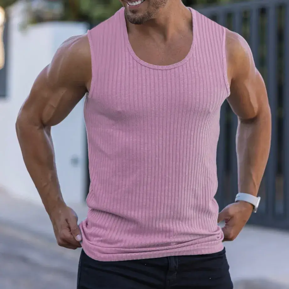 Men's White Vertical Stripe Muscle Vest I-Shape - Image 10
