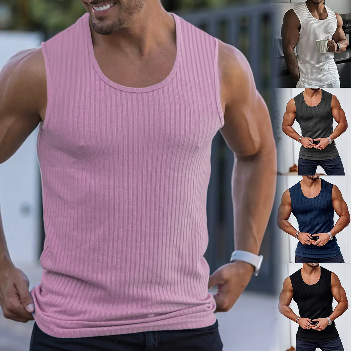 Men's White Vertical Stripe Muscle Vest I-Shape — feature 20