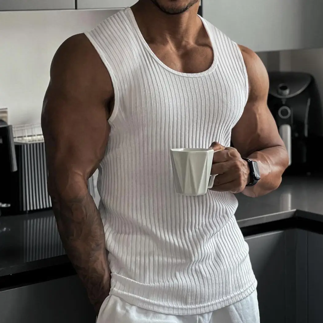Men's White Vertical Stripe Muscle Vest I-Shape — feature 29