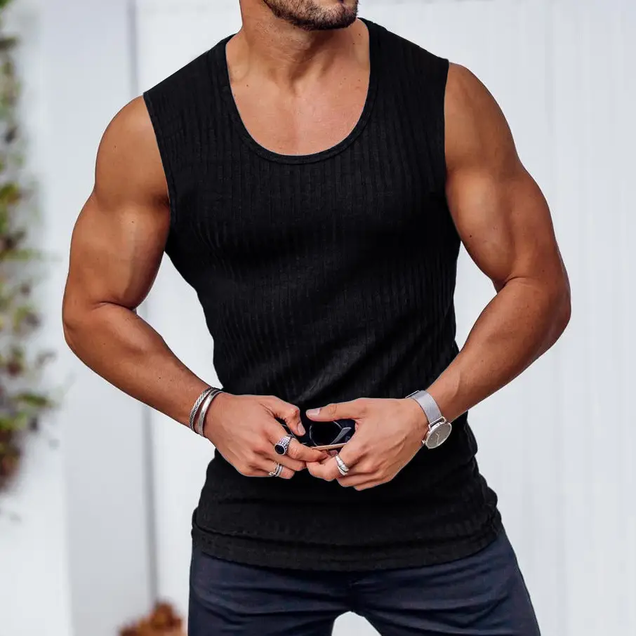 Men's White Vertical Stripe Muscle Vest I-Shape — feature 32
