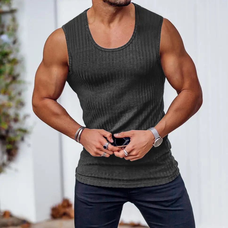 Men's White Vertical Stripe Muscle Vest I-Shape — feature 33