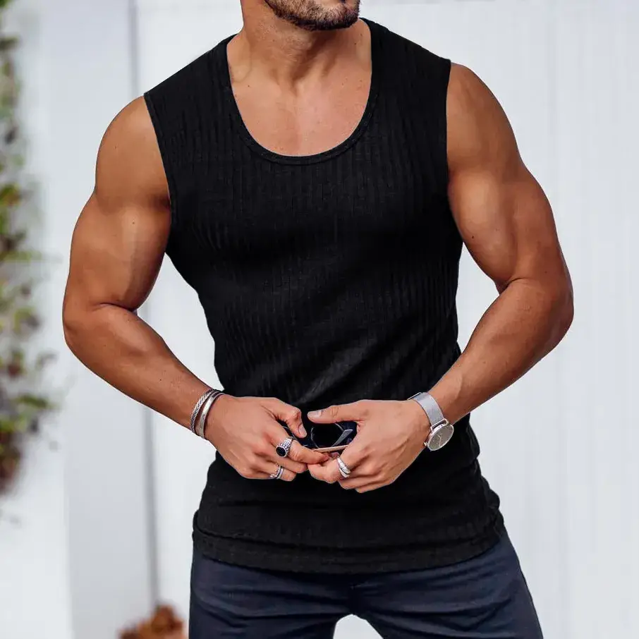 Men's White Vertical Stripe Muscle Vest I-Shape - Image 2