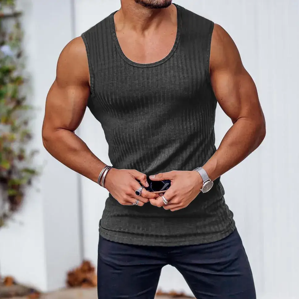 Men's White Vertical Stripe Muscle Vest I-Shape - Image 6
