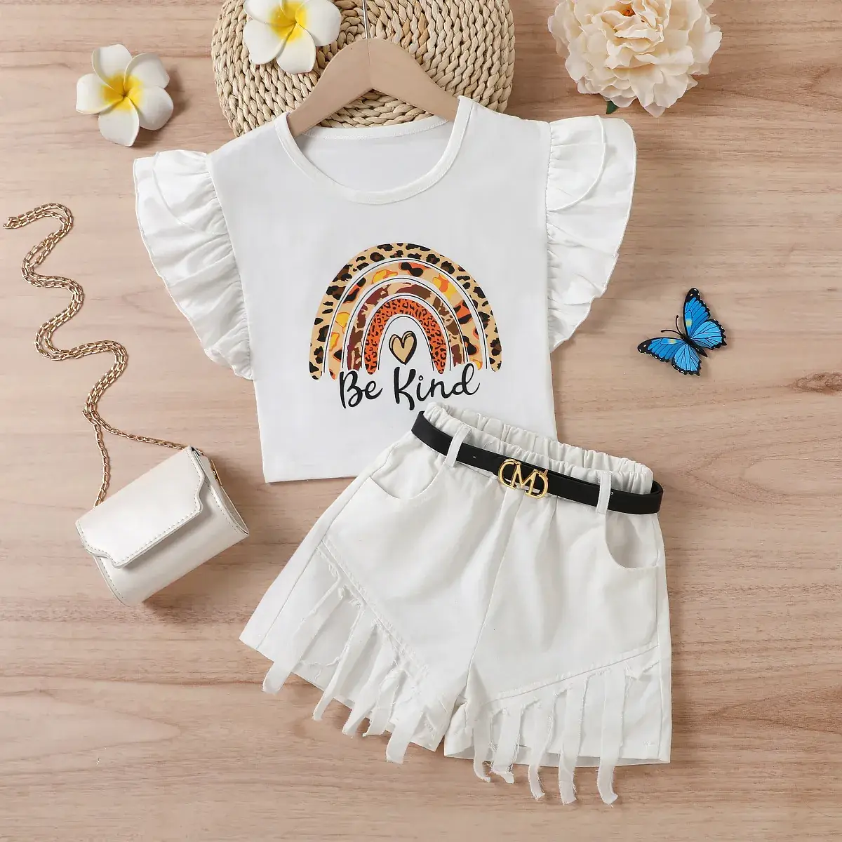 White Flying Sails T-Shirt with Heart Print + Brown Fringed Shorts Set - Image 9