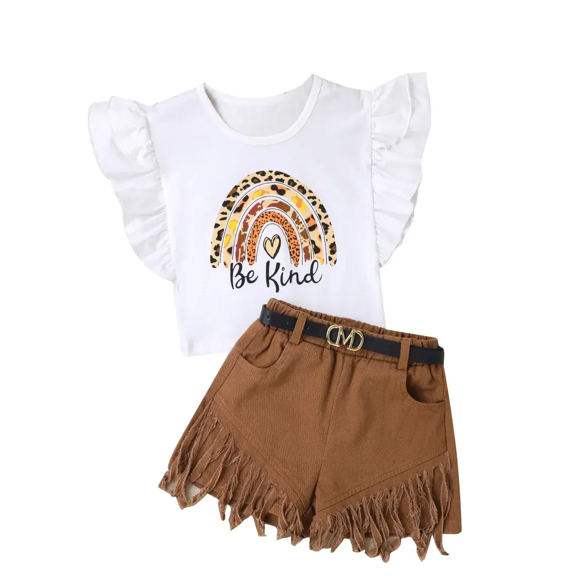 White Flying Sails T-Shirt with Heart Print + Brown Fringed Shorts Set - Image 11