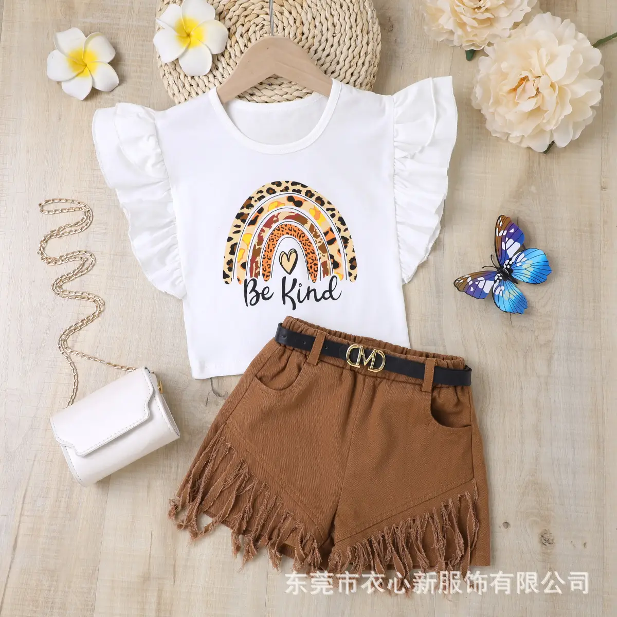 White Flying Sails T-Shirt with Heart Print + Brown Fringed Shorts Set — feature 1