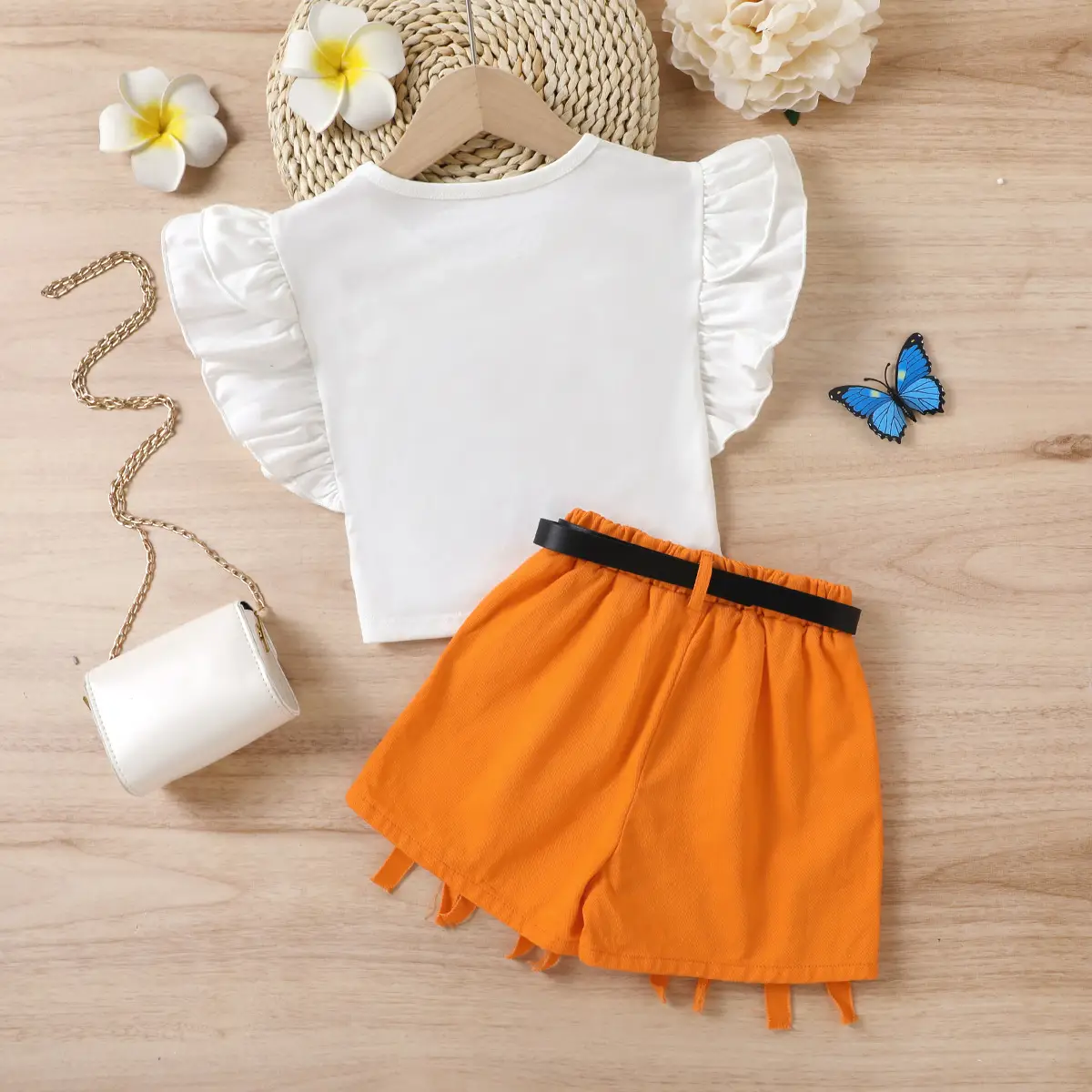 White Flying Sails T-Shirt with Heart Print + Brown Fringed Shorts Set — feature 11